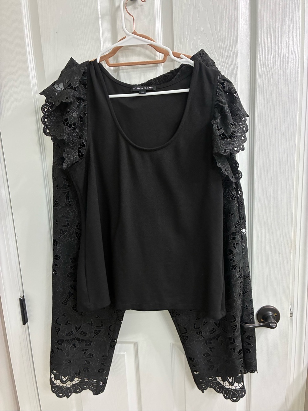 Boston Proper Black Sleeveless Scoop Neck Top with Lace Insets and Lace Pants.